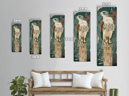 Majestic Hawk Perched On Weathered Stump Textured Background Skinny Art Tall Art Framed Canvas Print Japanese Style Art Ukiyo-e Art Wood Block Print