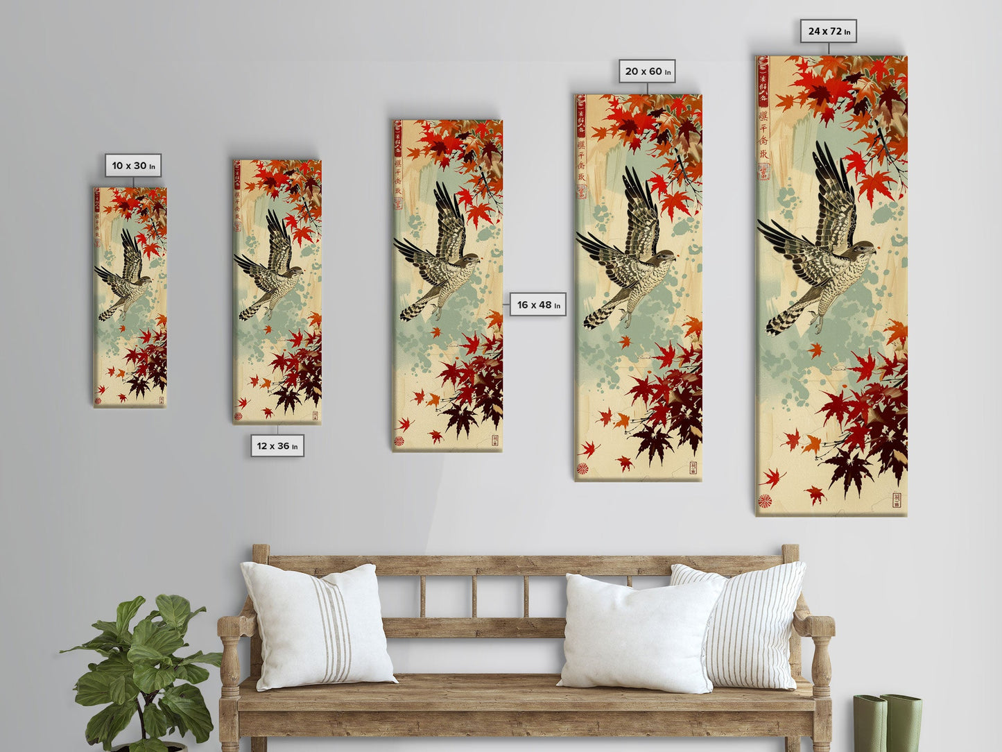 Hawk In Flight Among Red Maple Leaves Tall Art Skinny Art Framed Canvas Print Japanese Style Art Ukiyo-e Wood Block Print