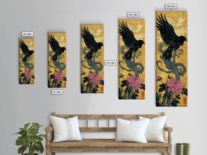 Canvas Print Japanese Eagle In Flight Over Chrysanthemum Flowers, Bold Traditional Art For Statement Wall Piece, Cultural Home Decor