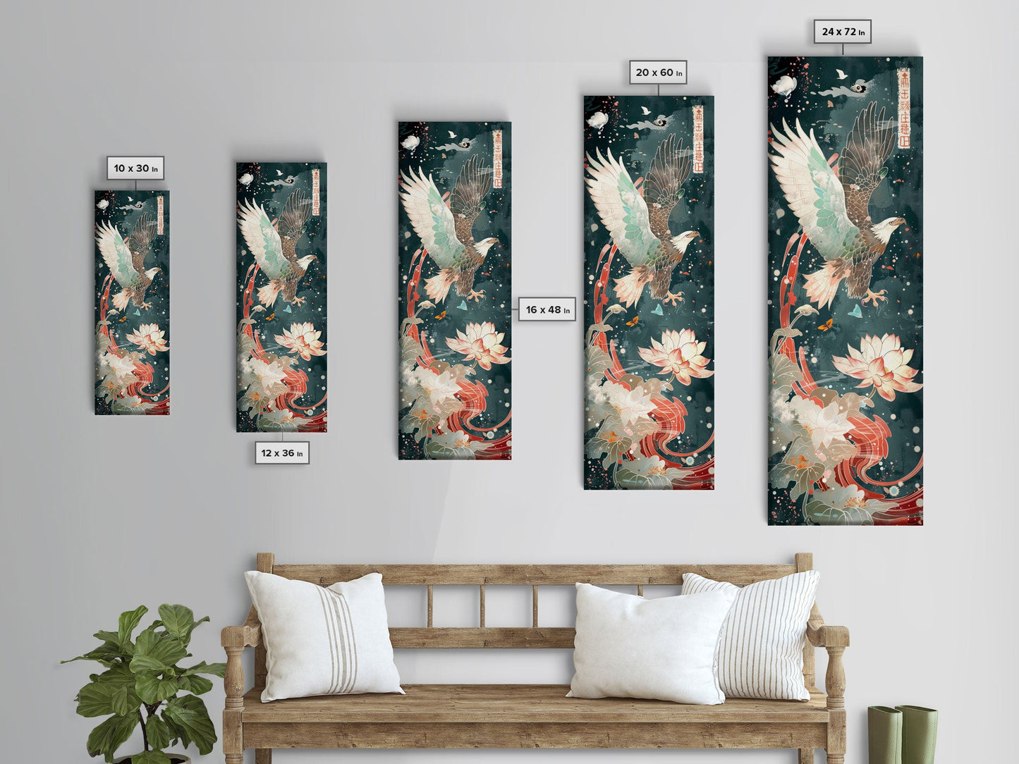 Majestic Eagle Japanese Art Skinny Wall Art Framed Canvas Print Soaring Above Lotus Flowers in Serene Water Scene