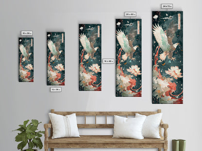 Majestic Eagle Japanese Art Skinny Wall Art Framed Canvas Print Soaring Above Lotus Flowers in Serene Water Scene