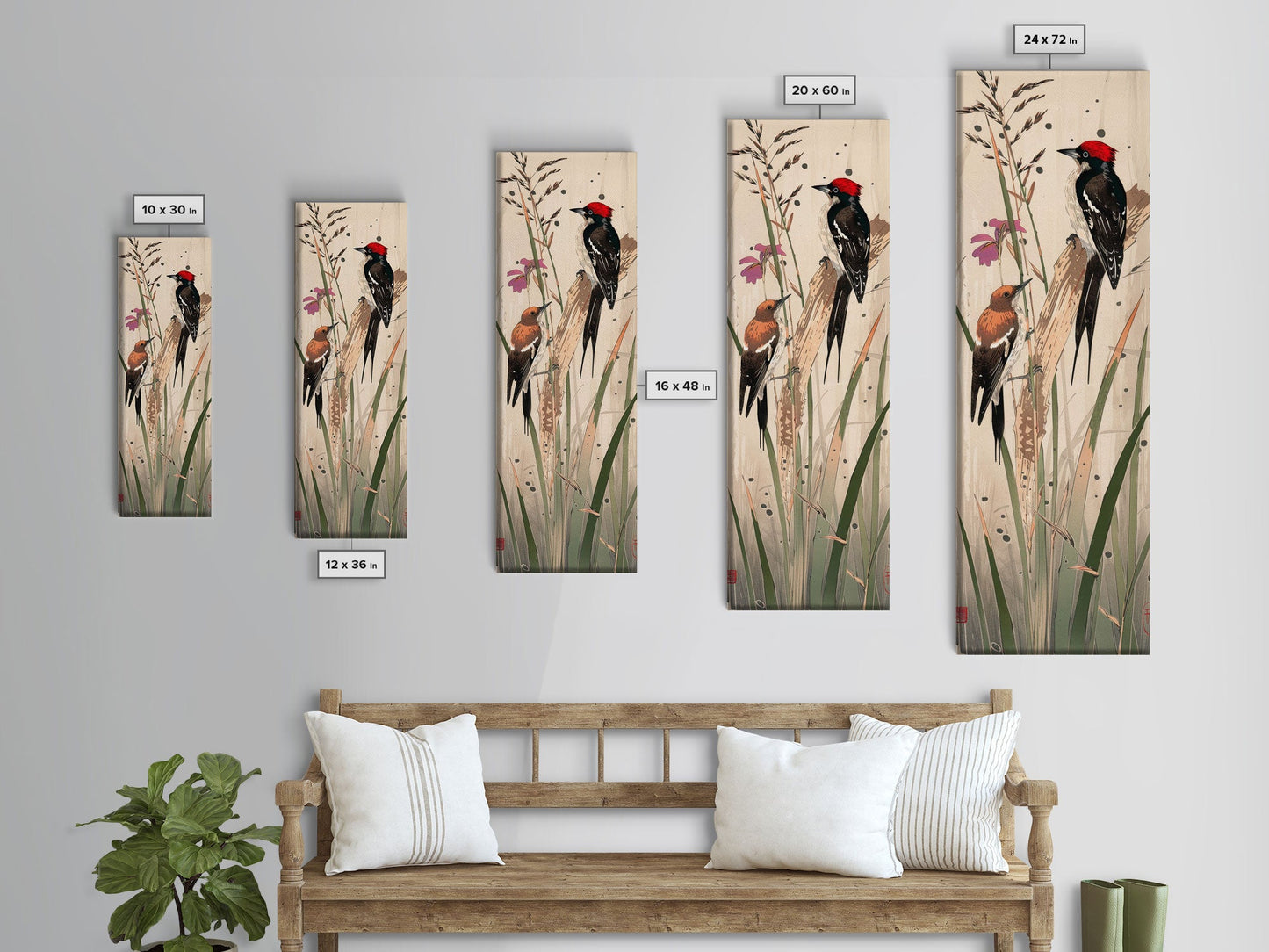 Detailed Woodpeckers Perched On Stems Amid Nature For Rustic Wall Art Ukiyo-e Japanese Style Art Skinny Framed Canvas Print