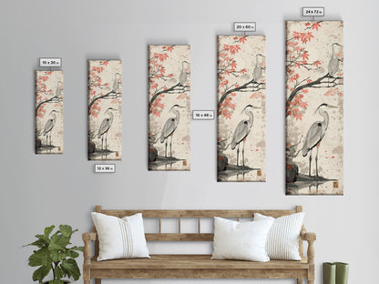 Herons On Autumn Branches Skinny Art Wood Block Print Japanese Style Art Framed Canvas Print Tall Art Ukiyo-e Art
