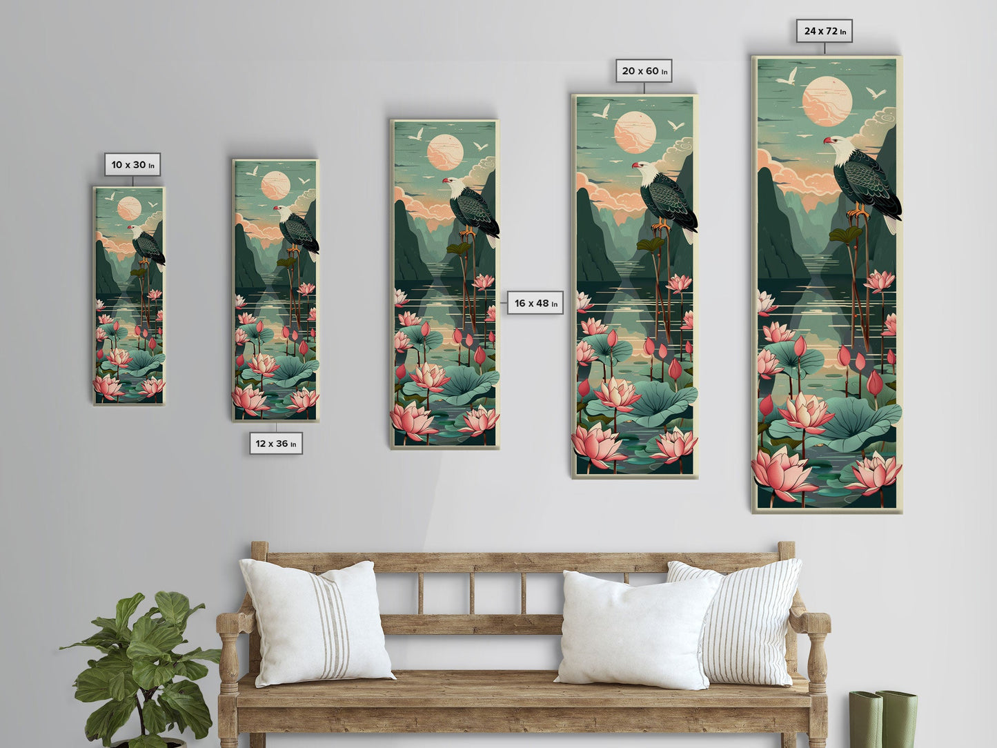 Majestic Eagle Over Lotus Pond Skinny Art Tall Art Japanese Ukiyo-e Inspired Nature Framed Canvas Print for Home and Office