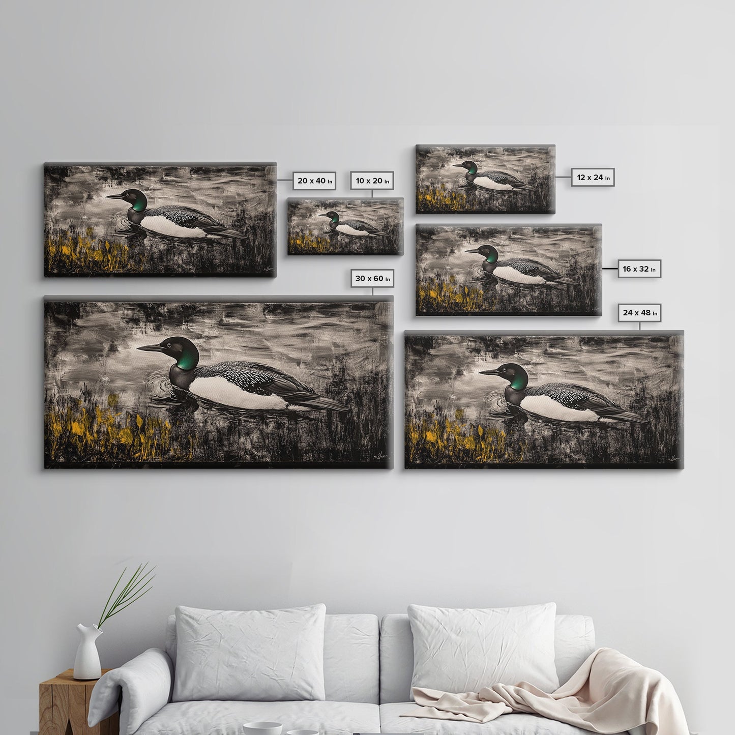 Loon Water Bird, Black and White Painting, Rustic Wildlife Art, Nature Wall Art, Lake House Decor, Framed Canvas Print, Extra Wide Art