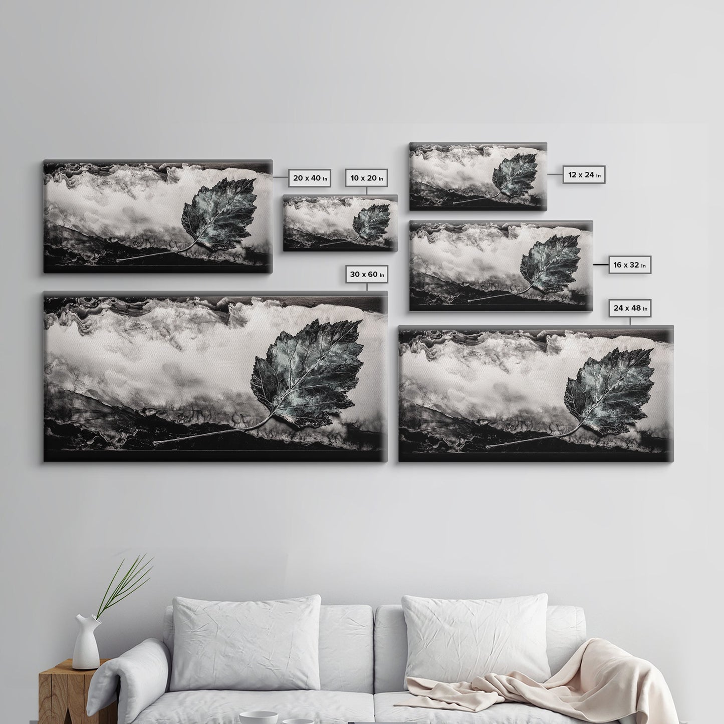 Nature Leaf Art, Monochrome Painting, Abstract Botanical Prints, Black and White Art, Modern Wall Decor, Framed Canvas Print, Rustic Art