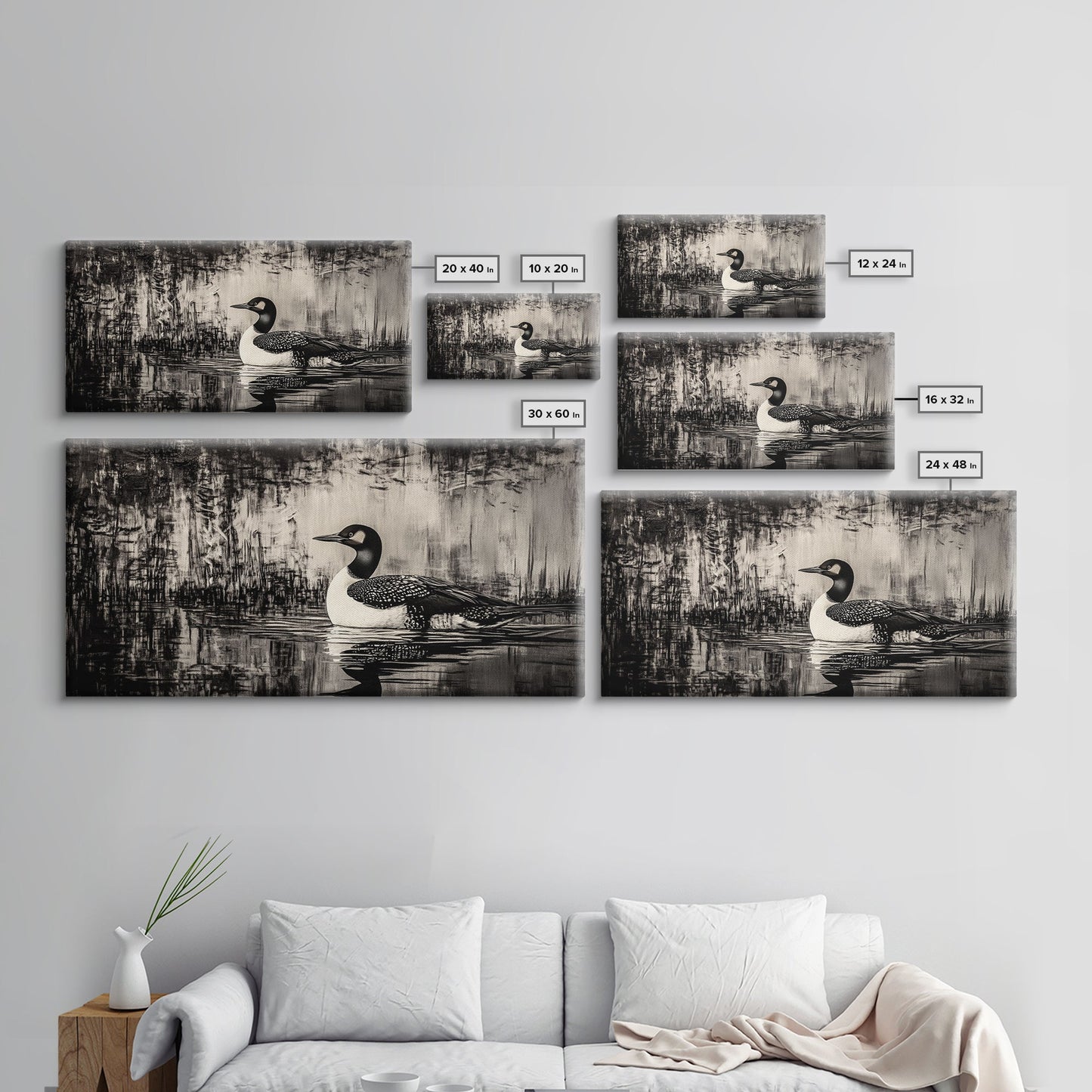 Loon Bird Art, Black and White Painting, Wildlife Wall Art, Rustic Decor, Framed Canvas Print, Lake House Art, Nature Lover Gift