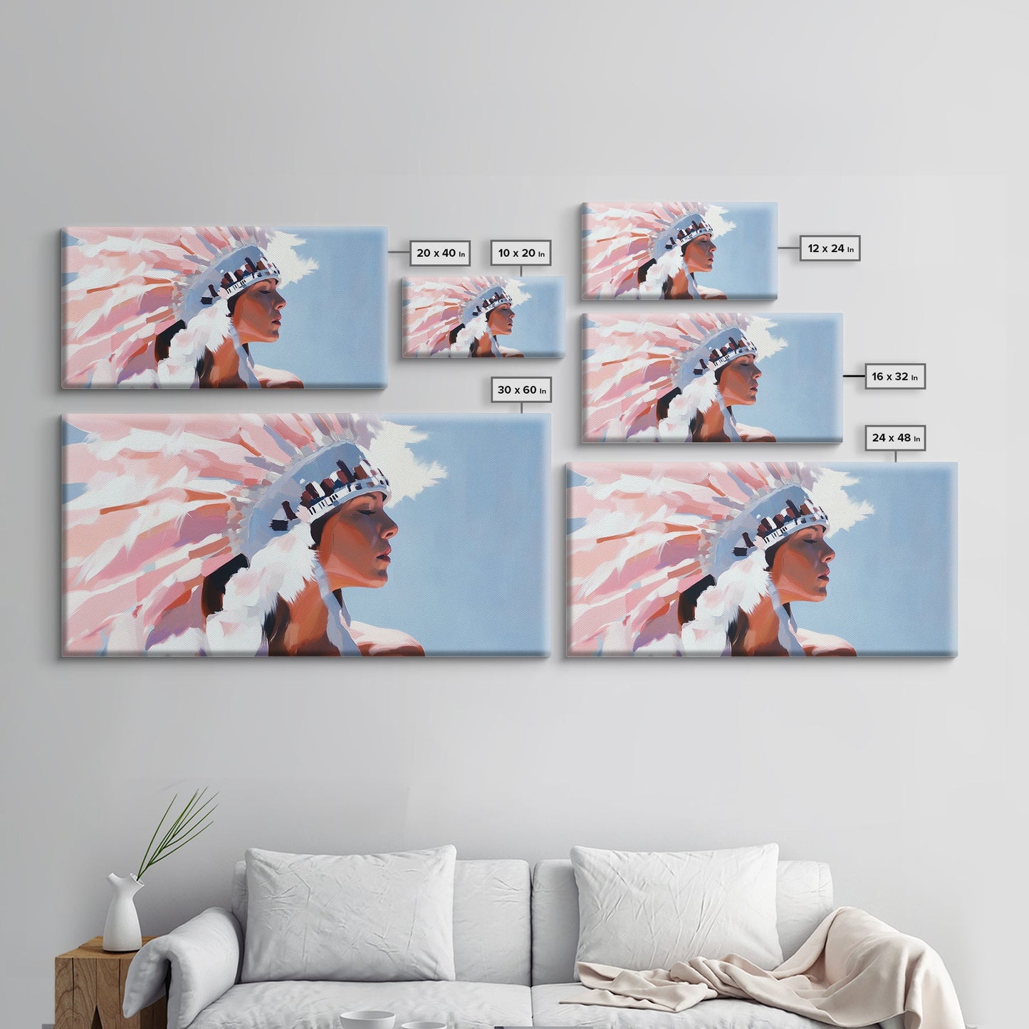 Native American Art, Woman in Headdress, Southwest Wall Art, Cultural Portrait, Framed Canvas Print, Extra Wide Art, Rustic Decor