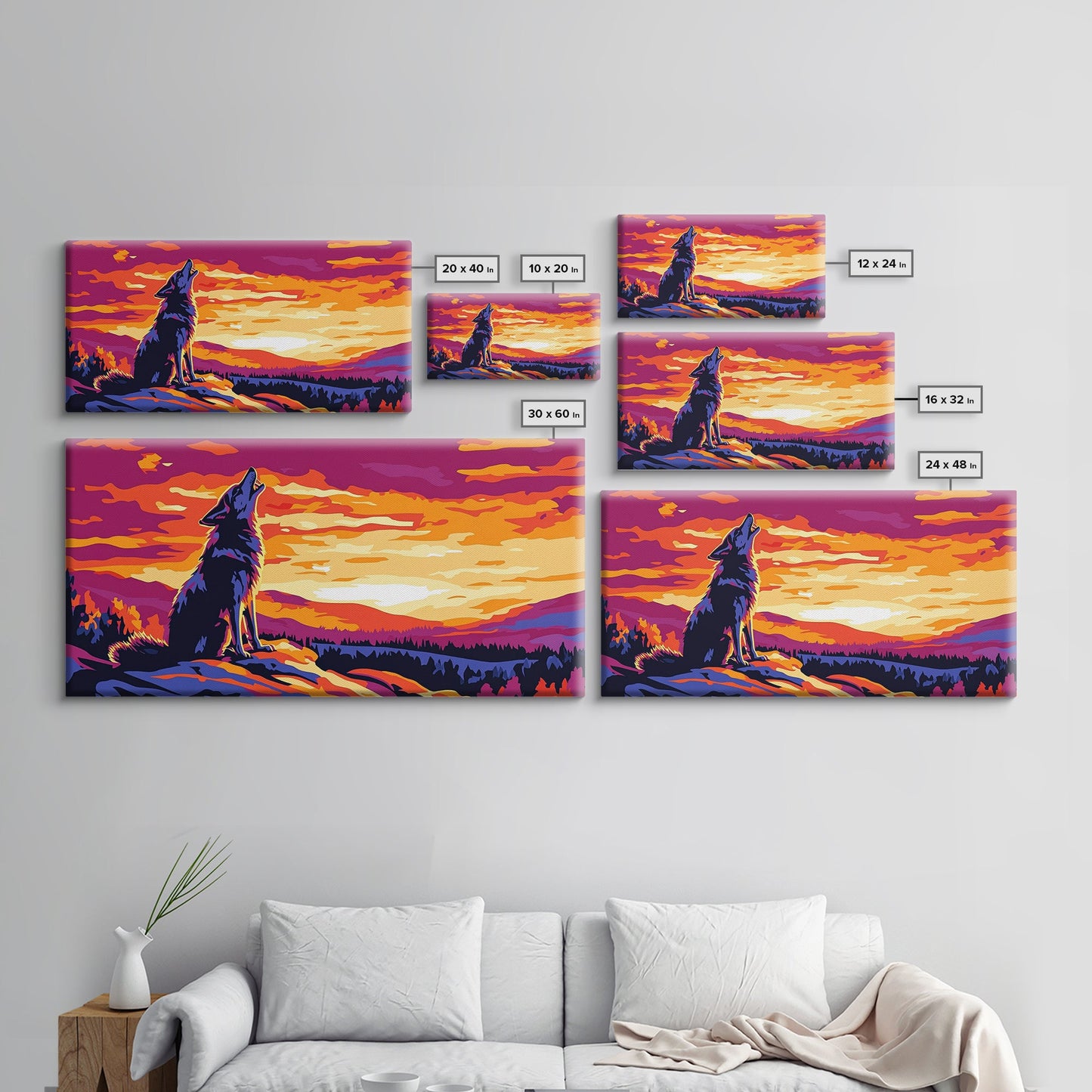 Howling Wolf, mountain painting, pine tree art, rustic decor, panoramic painting, southwest wall art, landscape painting, Canvas Print, gift