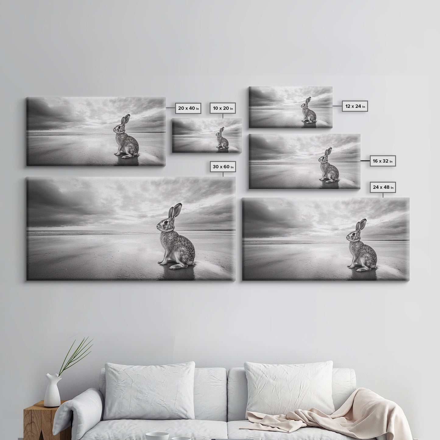 Rabbit Beach, whimsical art, coastal decor, animal painting, nature wall art, moody art, soft neutral tones, beach photography, Canvas Print