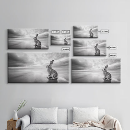 Rabbit Beach, whimsical art, coastal decor, animal painting, nature wall art, moody art, soft neutral tones, beach photography, Canvas Print