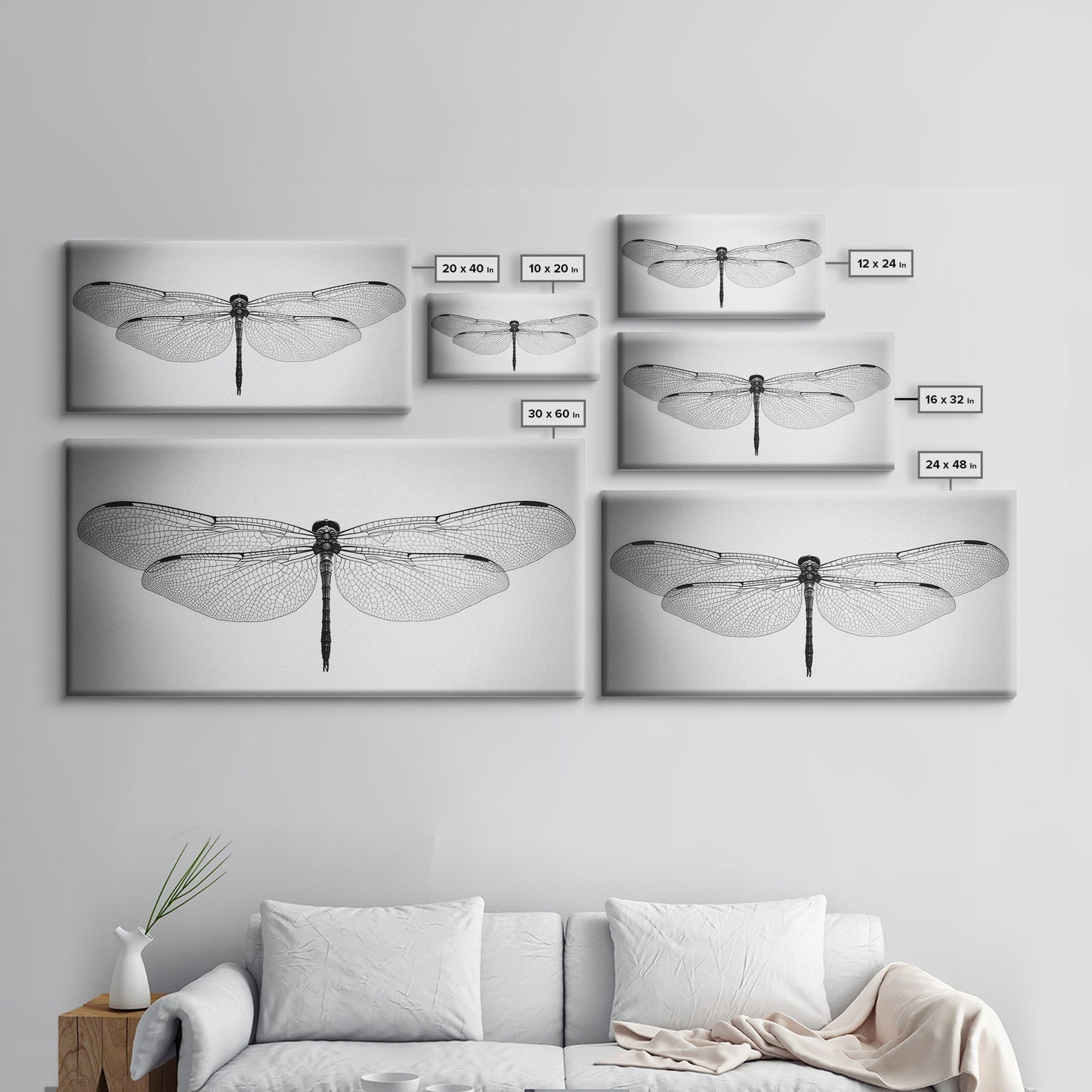 Dragonfly, line art, minimalist art, black and white art, nature painting, botanical prints, extra wide art, framed canvas print