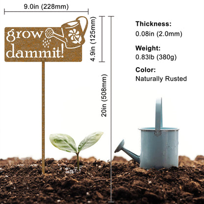 PKPKAUT Grow Dammit Garden Signs Decorative Outdoor Rusty Metal, Funny Garden Decor Stakes, Funny Garden Signs for Vegetables, Mothers Day Gardening Gifts for Mom Unique garden accessories (9" x 20")