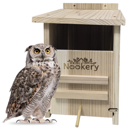 Owl House for Outdoors – Premium Large Cedar Nesting Box – Prebuilt Wooden Birdhouse for Screech Owls – Easy to Hang with Two Hanger Brackets, Mounting Screws & Cedar Shavings