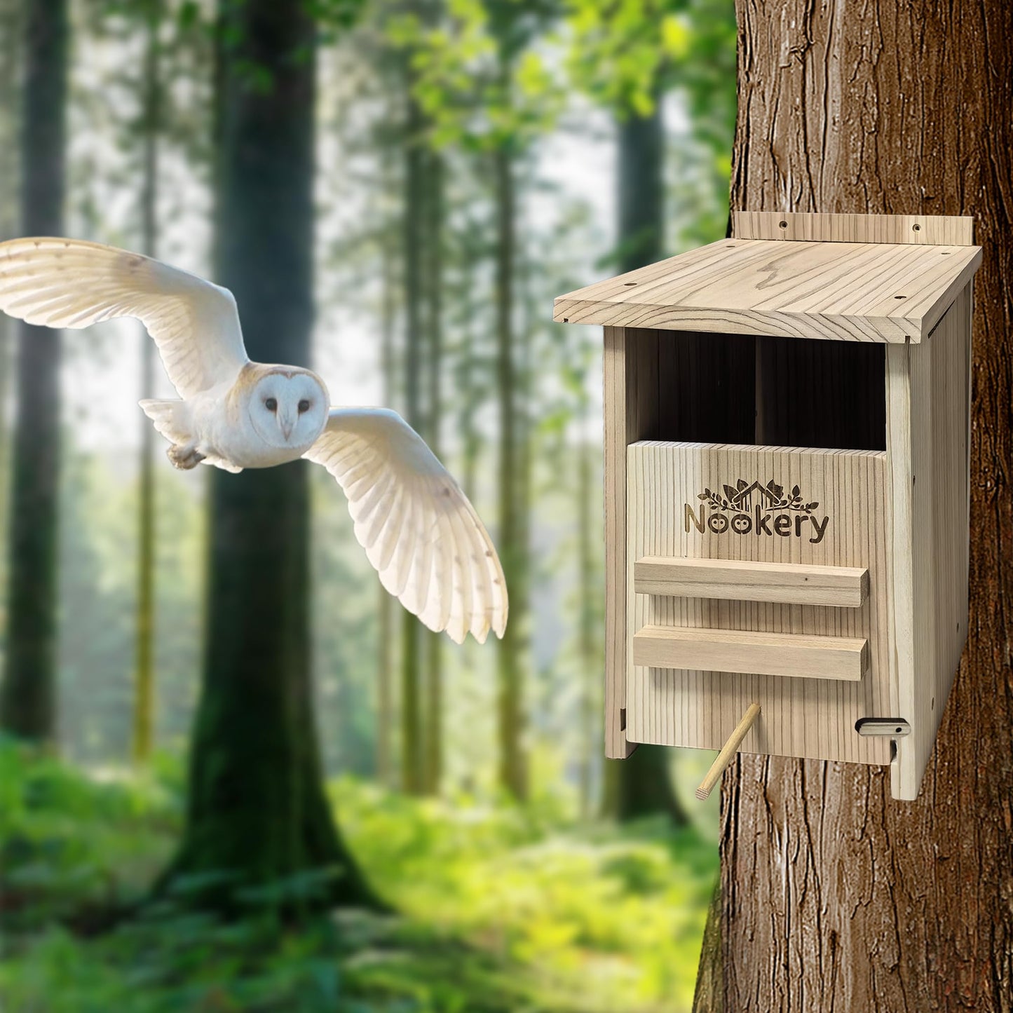 Owl House for Outdoors – Premium Large Cedar Nesting Box – Prebuilt Wooden Birdhouse for Screech Owls – Easy to Hang with Two Hanger Brackets, Mounting Screws & Cedar Shavings
