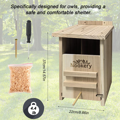 Owl House for Outdoors – Premium Large Cedar Nesting Box – Prebuilt Wooden Birdhouse for Screech Owls – Easy to Hang with Two Hanger Brackets, Mounting Screws & Cedar Shavings
