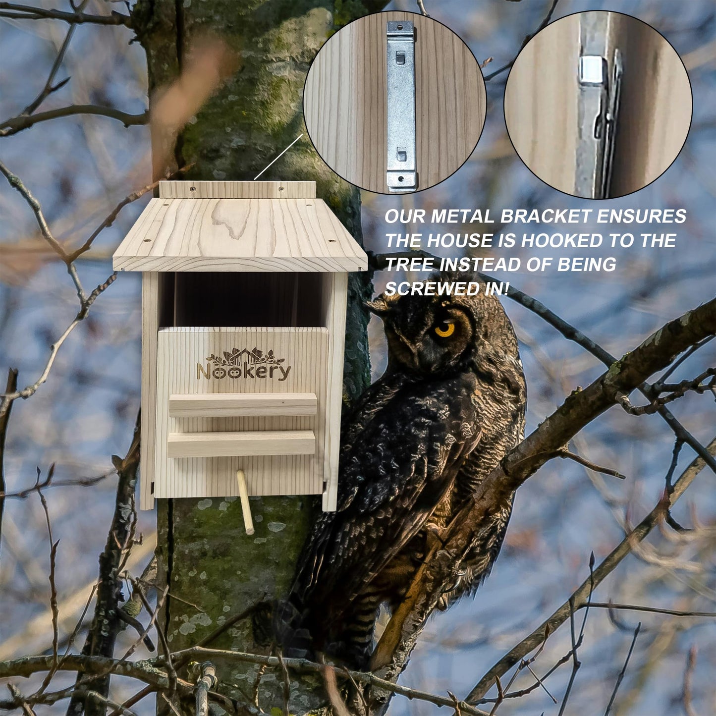 Owl House for Outdoors – Premium Large Cedar Nesting Box – Prebuilt Wooden Birdhouse for Screech Owls – Easy to Hang with Two Hanger Brackets, Mounting Screws & Cedar Shavings