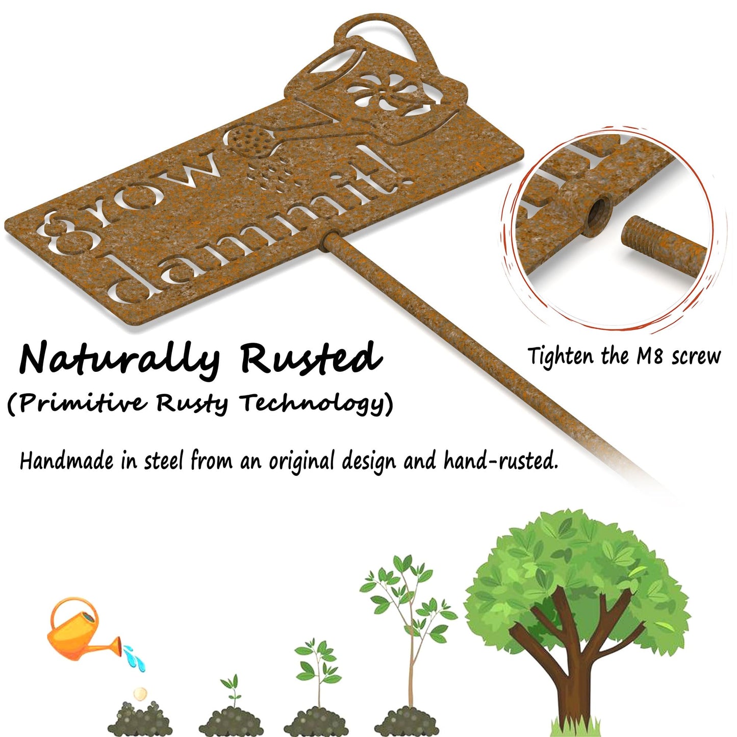 PKPKAUT Grow Dammit Garden Signs Decorative Outdoor Rusty Metal, Funny Garden Decor Stakes, Funny Garden Signs for Vegetables, Mothers Day Gardening Gifts for Mom Unique garden accessories (9" x 20")