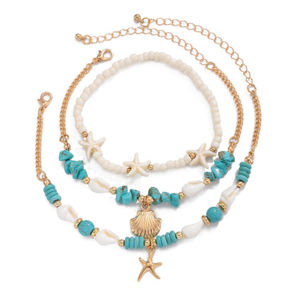 Vacation beach style turquoise set with special dense chain, simple starfish multi-layer rice bead ankle chain