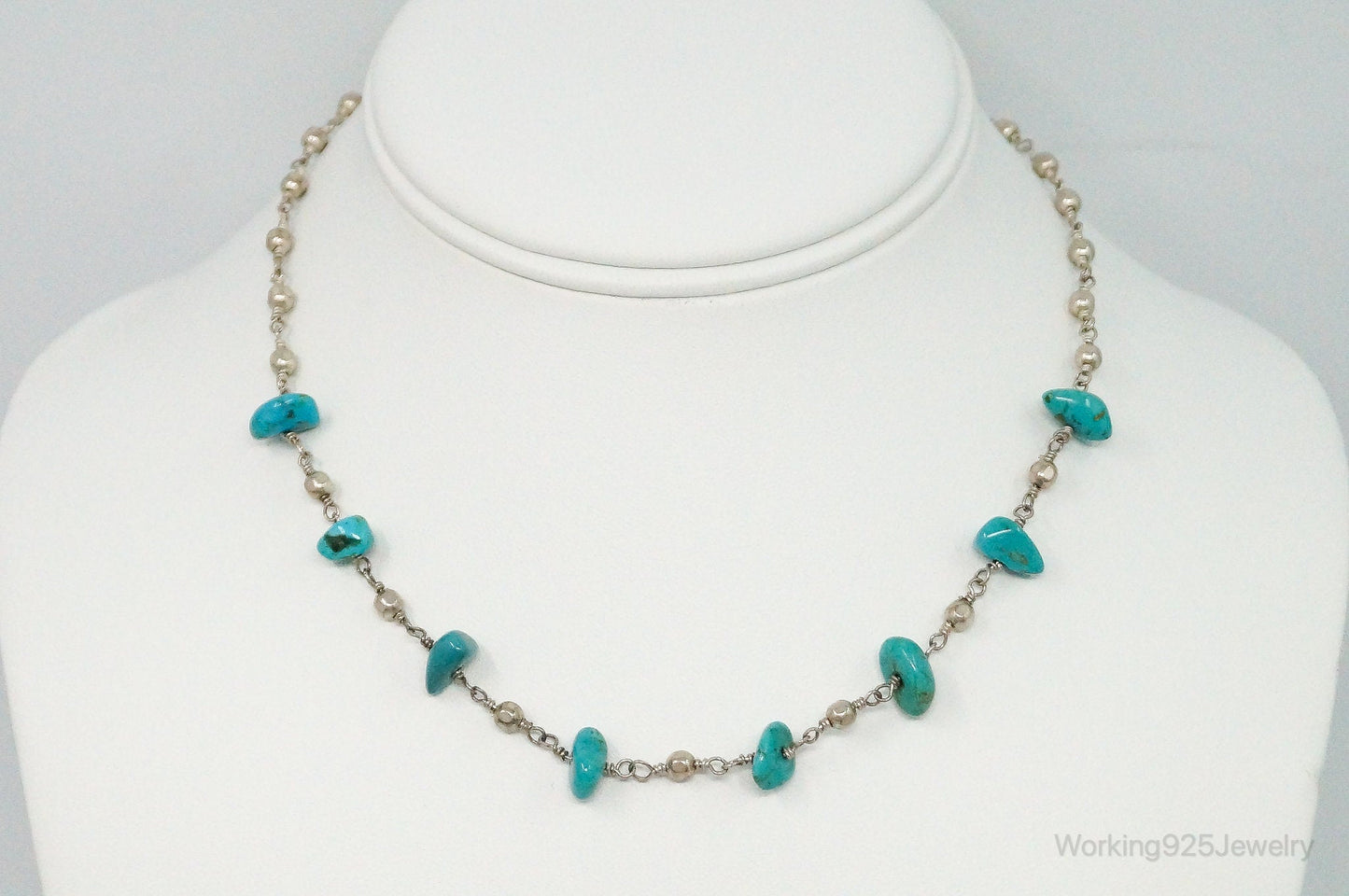 Vintage Native American Turquoise Sterling Silver Bead Necklace
