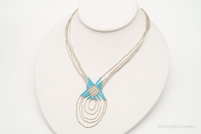 Vintage Native American Blue Turquoise Bead Sterling Silver Necklace