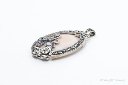 VTG Pink Mother of Pearl Marcasite Butterfly Flower Sterling Silver Pendant