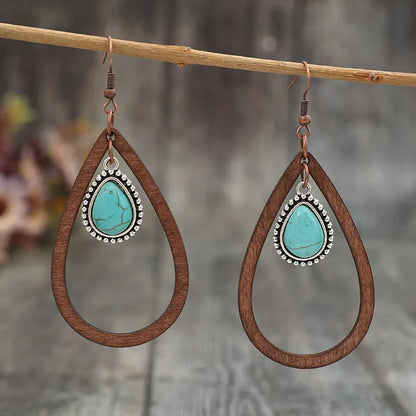Wooden Turquoise Cutout Teardrop Earrings
