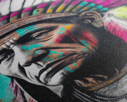 The Warrior, Native American Chief, Graffiti Art Portrait, Framed Canvas Print, Rainbow Feather Mohawk, Pop Art Portrait