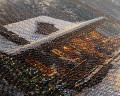 Cozy Christmas Cabin in Woods Framed Canvas Print - Rustic Christmas Decor and Winter Wonderland Scene with Holiday Wall Art