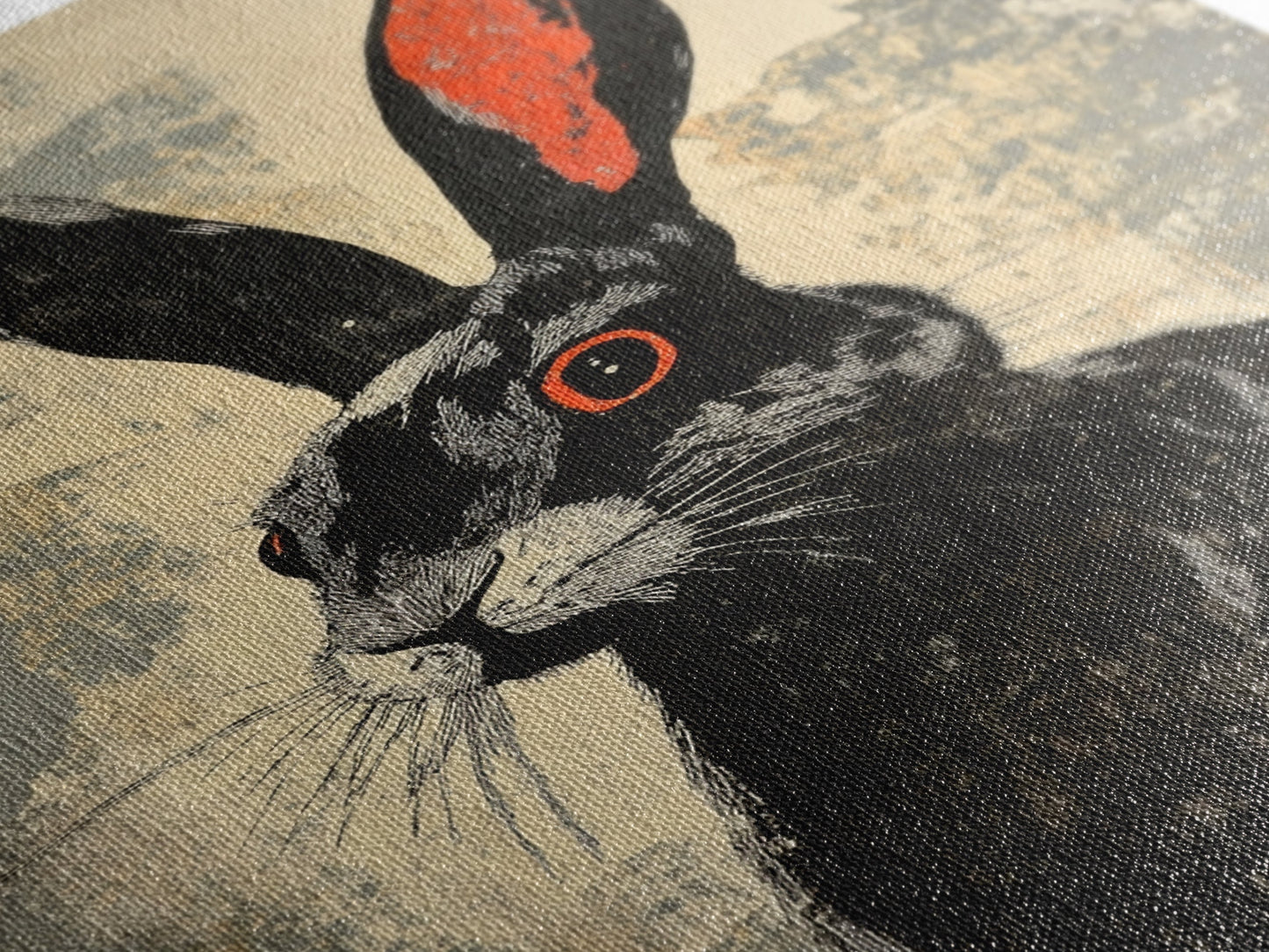 The Black Bunny, Framed Canvas Print Ready To Hang, Bunny Rabbit Art, Rabbit Painting, Minimalist Japanese Style Art