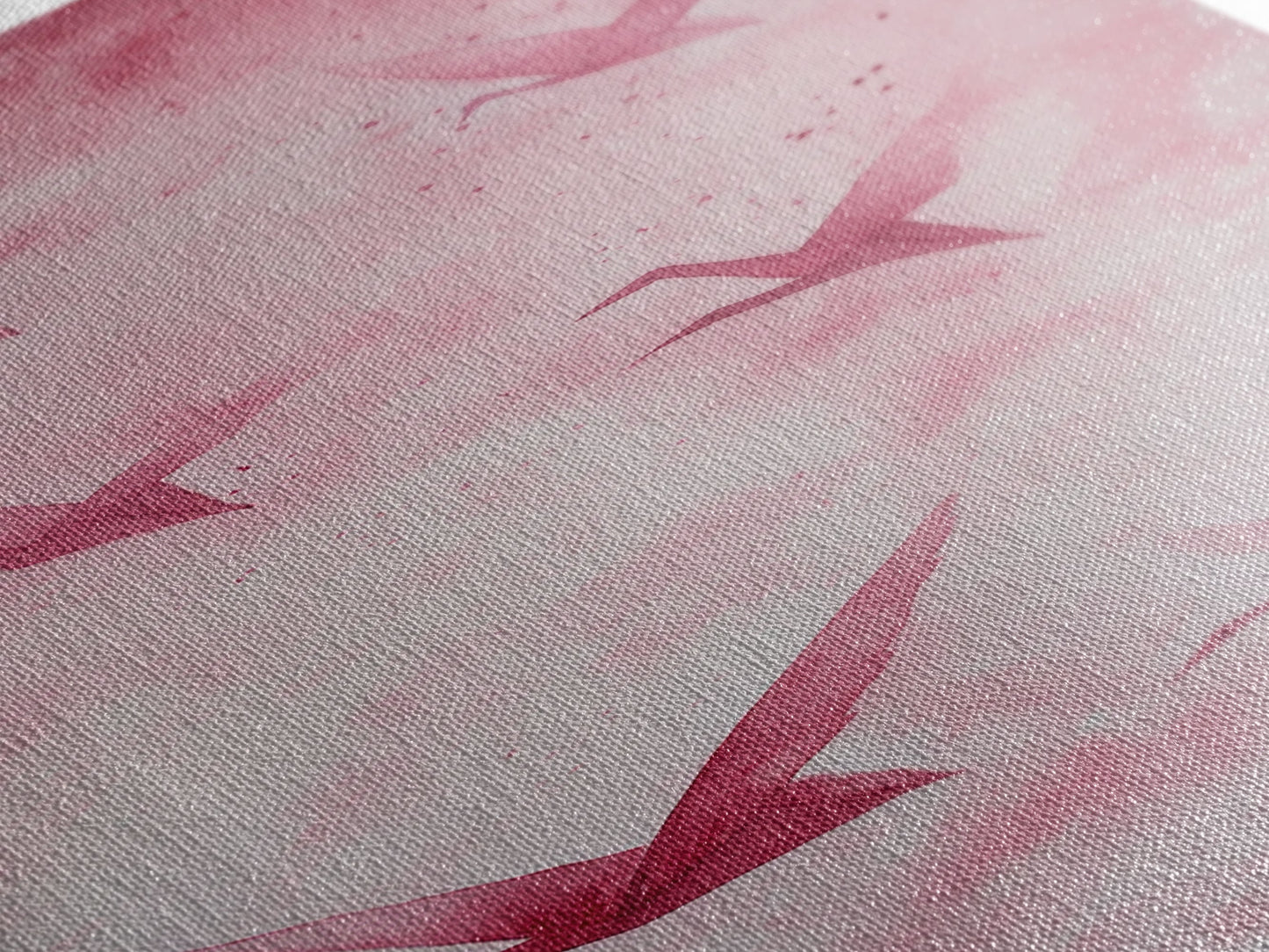 Crane Flight Canvas Print, ethereal origami bird painting in pink abstract hues, tall narrow wall art with zen minimalist aesthetic.