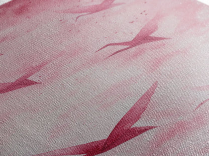 Crane Flight Canvas Print, ethereal origami bird painting in pink abstract hues, tall narrow wall art with zen minimalist aesthetic.