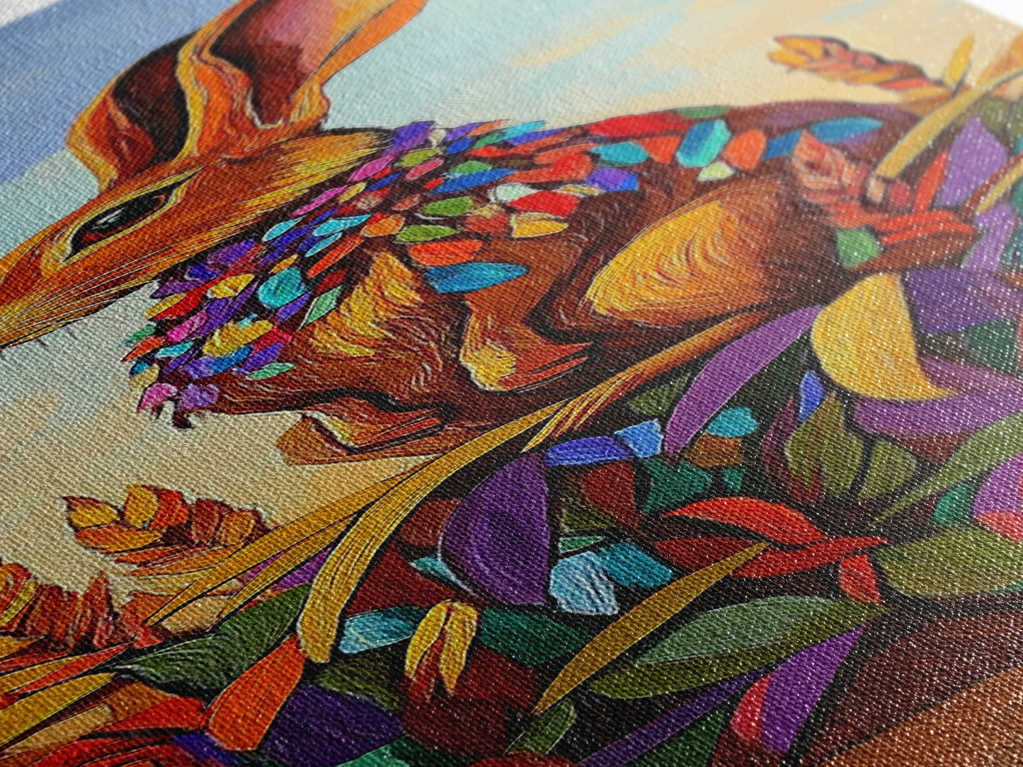 Rabbit, Autumn, Leaves, Field, Framed Canvas Print, Fall nursery wall art, woodland animal painting, whimsical harvest decor, colorful boho style