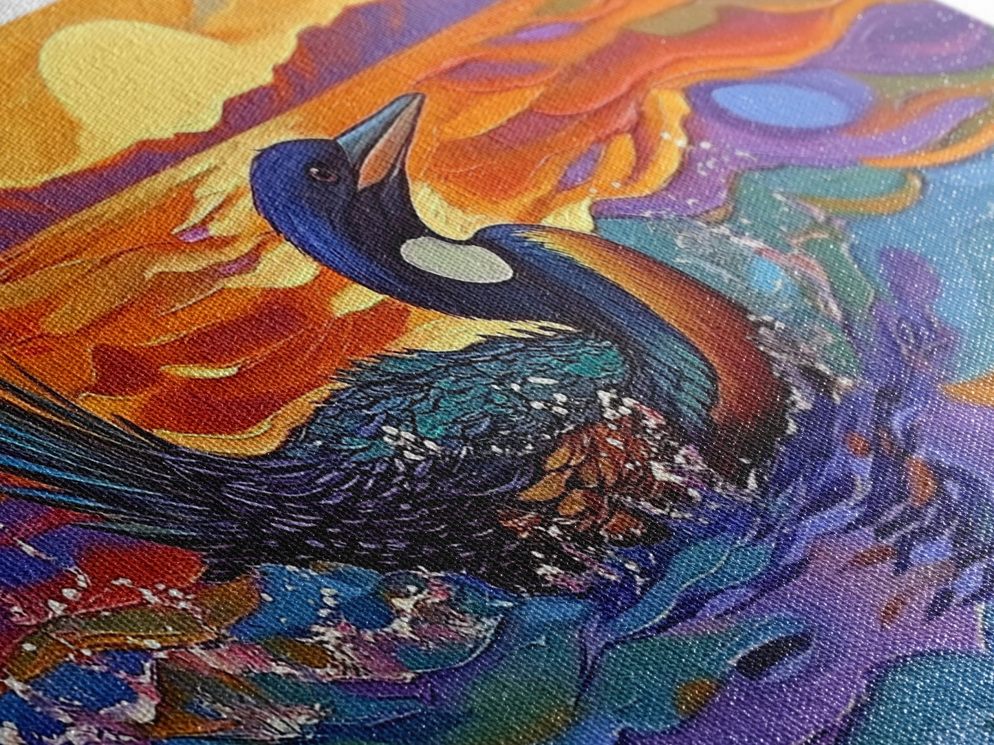 Sunset Loon, Splash, Painting, Framed Canvas Print lakehouse wall art, coastal bathroom decor, vibrant nature print, ocean artwork