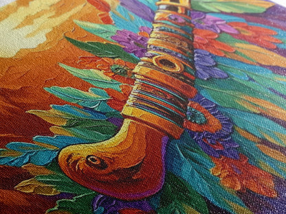 Native Flute, Flowers, Sunset, Framed Canvas Print, Spiritual Native American flute art with flowers and mountains, Boho Wall Art