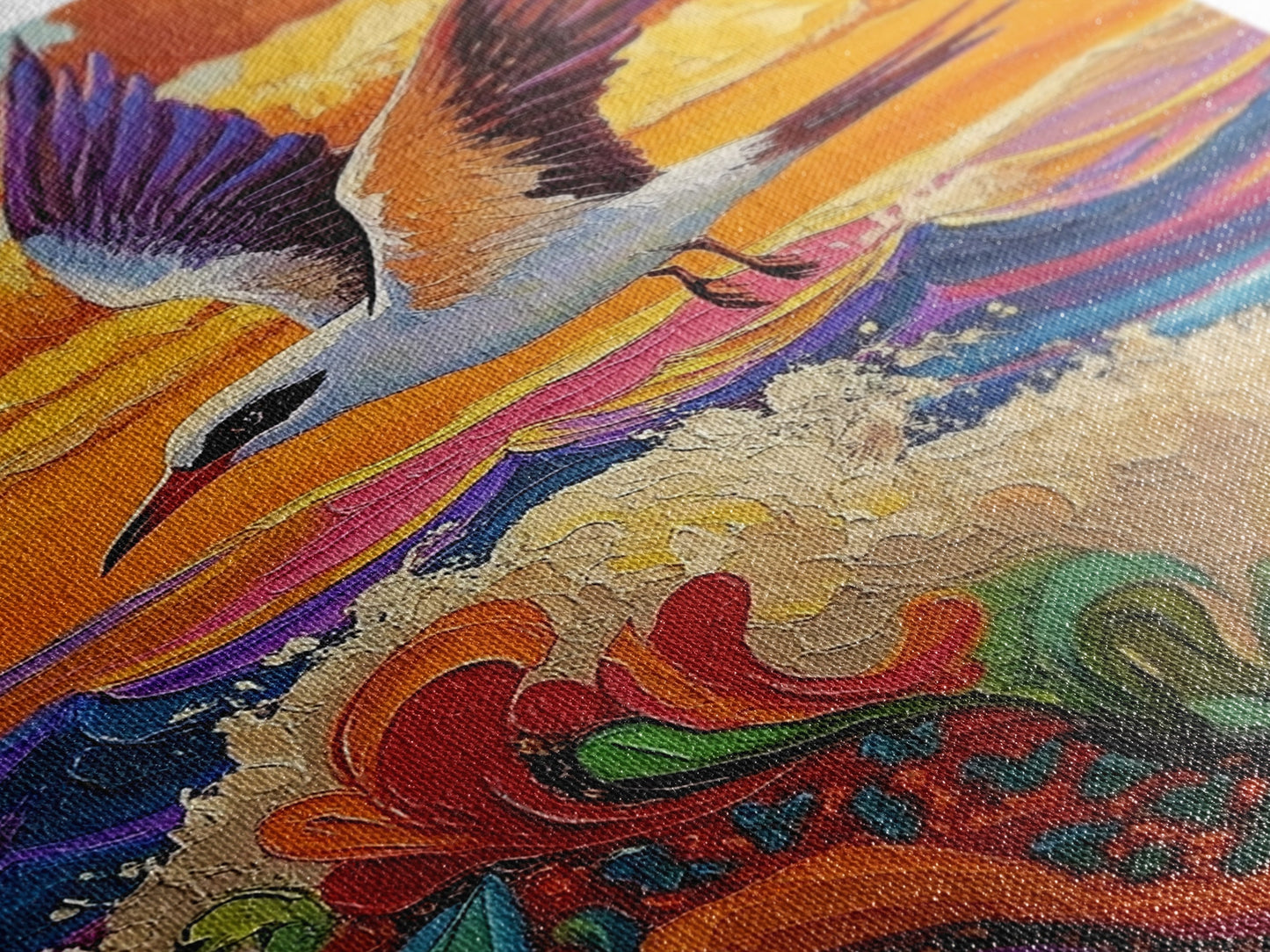 Flying Bird Sunset, Colorful Ocean Waves, Tropical Wildlife Art, Canvas Print, Boho Nature Decor, Fall Wall Accent, Vibrant Scene