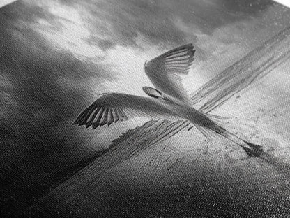 Winged Bird Beach, Coastal Sunrise, Dramatic Flight, Canvas Print, Beach House Decor, Living Room Wall Art, Nature Photography