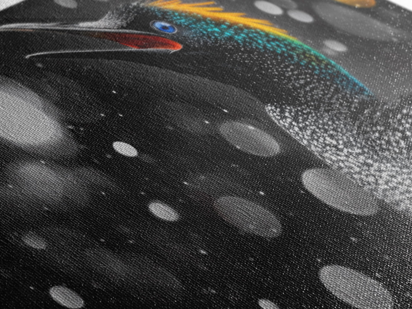 Singing Bird, Neon Plumage, Colorful Sparkle, Starry Night, Framed Canvas Print, Eclectic Art, Office Wall Art, Bright Animal Design