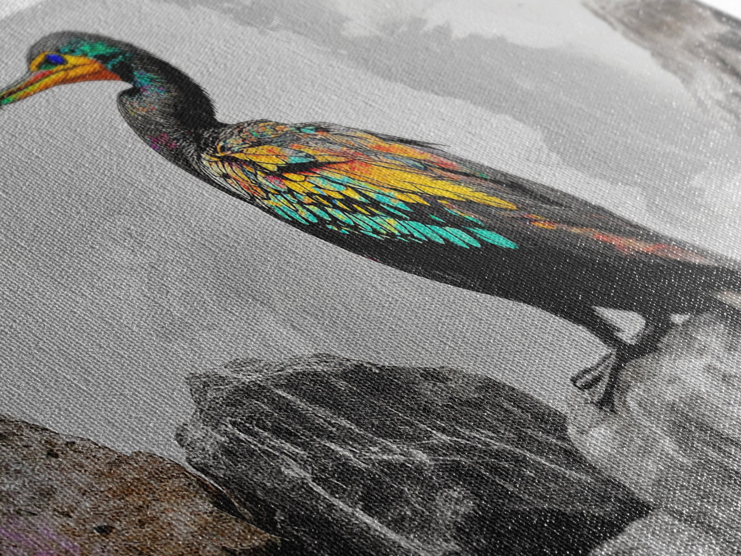 Vibrant Sea Bird, Colorful Wildlife Perch, Artistic Bird Feathers, Framed Canvas Print, Nature Wall Art, Office Decor, Boho Animal Style