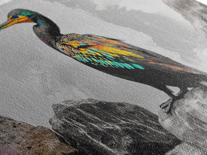 Vibrant Sea Bird, Colorful Wildlife Perch, Artistic Bird Feathers, Framed Canvas Print, Nature Wall Art, Office Decor, Boho Animal Style