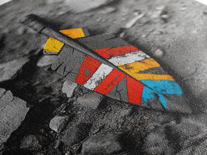 Tribal Feather, Painted Arrow, Rustic Stone Ground, Canvas Print, Boho Wall Art, Native Inspired Decor, Color Pop Rustic Style