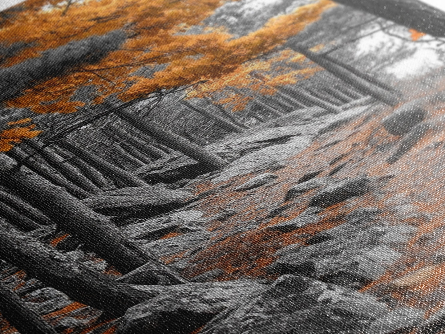 Autumn Forest Path, Orange Leaves, Rocky Woods Trail, Tranquil Nature, Framed Canvas Print, Fall Decor, Cabin Wall Art, Rustic Style