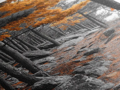 Autumn Forest Path, Orange Leaves, Rocky Woods Trail, Tranquil Nature, Framed Canvas Print, Fall Decor, Cabin Wall Art, Rustic Style