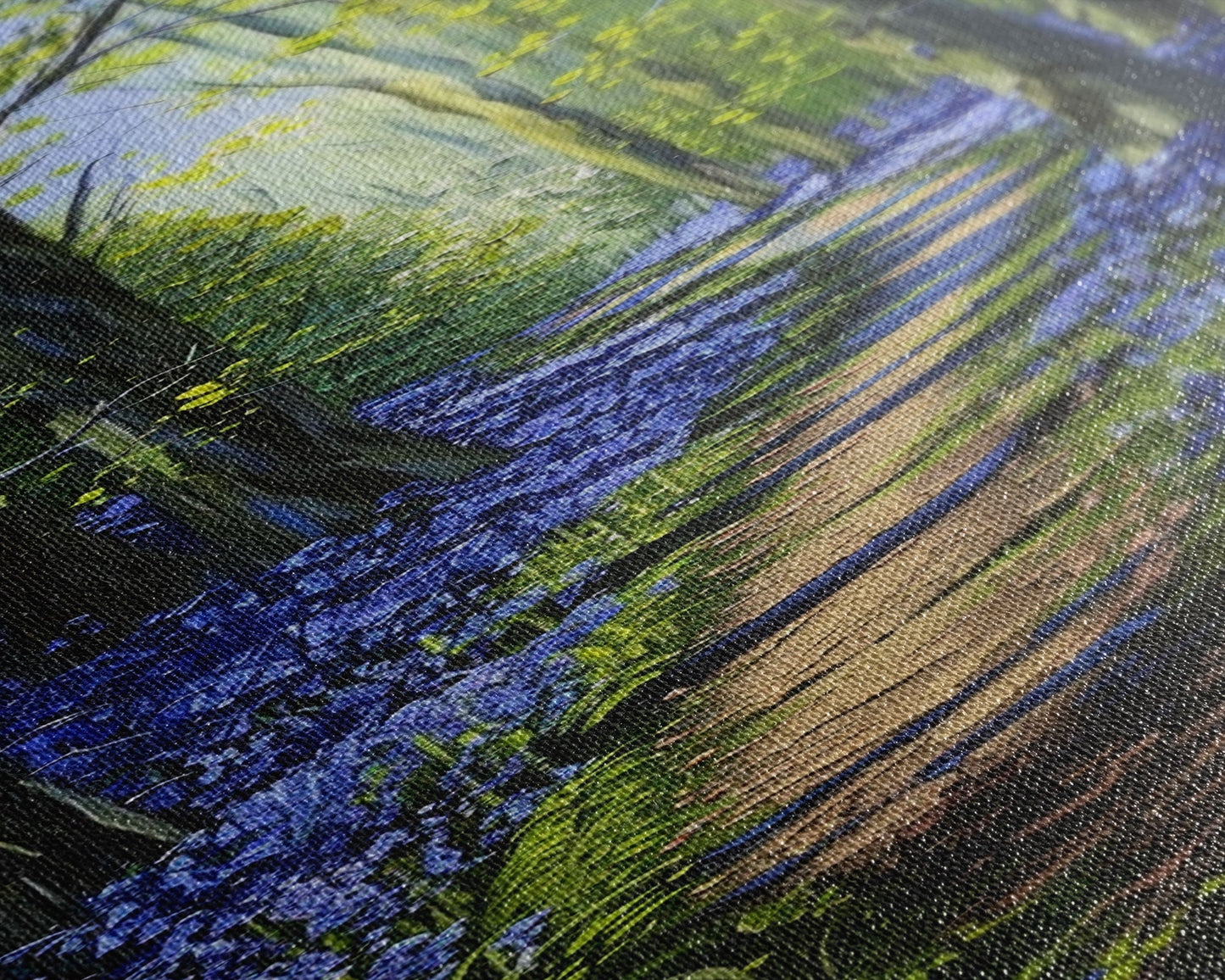 Pathway Through Enchanting Bluebell Woods in Tall Skinny Art Framed Canvas Print for Peaceful Wall Decor and Interior Design