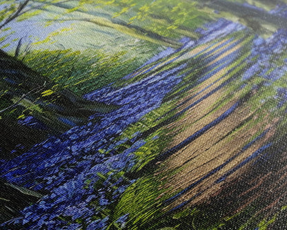 Pathway Through Enchanting Bluebell Woods in Tall Skinny Art Framed Canvas Print for Peaceful Wall Decor and Interior Design