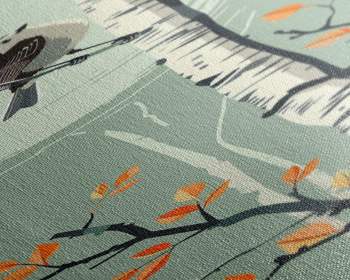 Skinny Art Bird On Birch Tree In Japanese Style Wood Block Print Autumn Tones On Framed Canvas Print, Tall Art Ukiyo-e