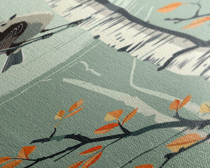 Skinny Art Bird On Birch Tree In Japanese Style Wood Block Print Autumn Tones On Framed Canvas Print, Tall Art Ukiyo-e