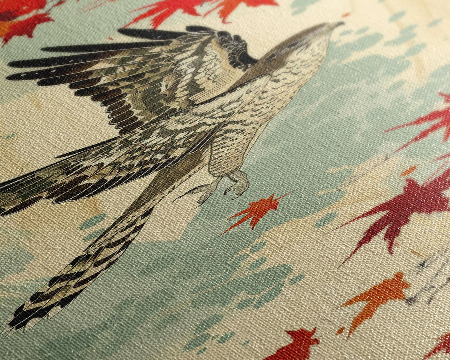 Hawk In Flight Among Red Maple Leaves Tall Art Skinny Art Framed Canvas Print Japanese Style Art Ukiyo-e Wood Block Print