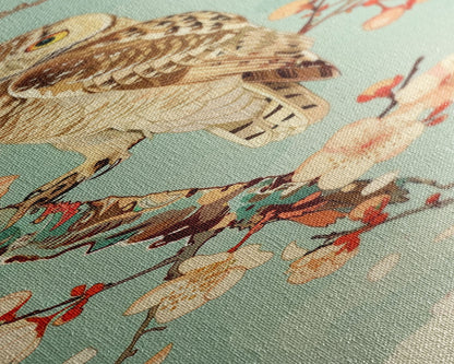 Owl Cherry Blossom Tree Traditional Japanese Tall Wall Art Skinny Framed Canvas Print Ukiyo-e Style