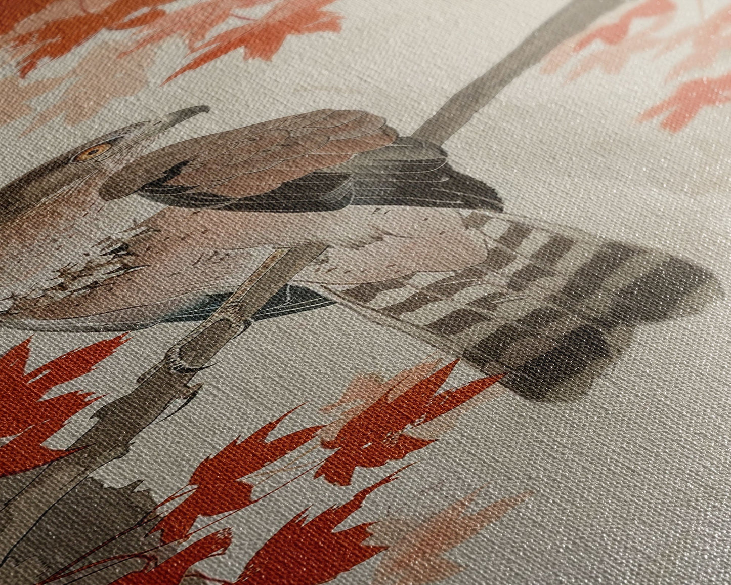 Majestic Hawk Perched Among Autumn Leaves, Framed Canvas Print In Skinny Tall Style, Japanese Style Art For Feng Shui Wall Art